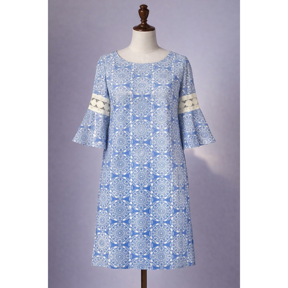 Luxology Blue White Mandala Print Bell Sleeve Dress Women's XL